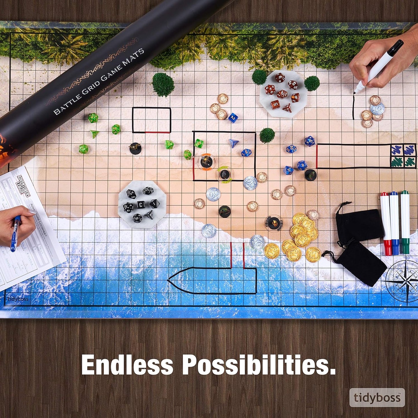 Tidyboss DND Starter Set | 3 X Double Sides 24x 36 Game Grid Mat | 6 Terrains Includes Dry Erase Markers, Eraser, Dice and Clips