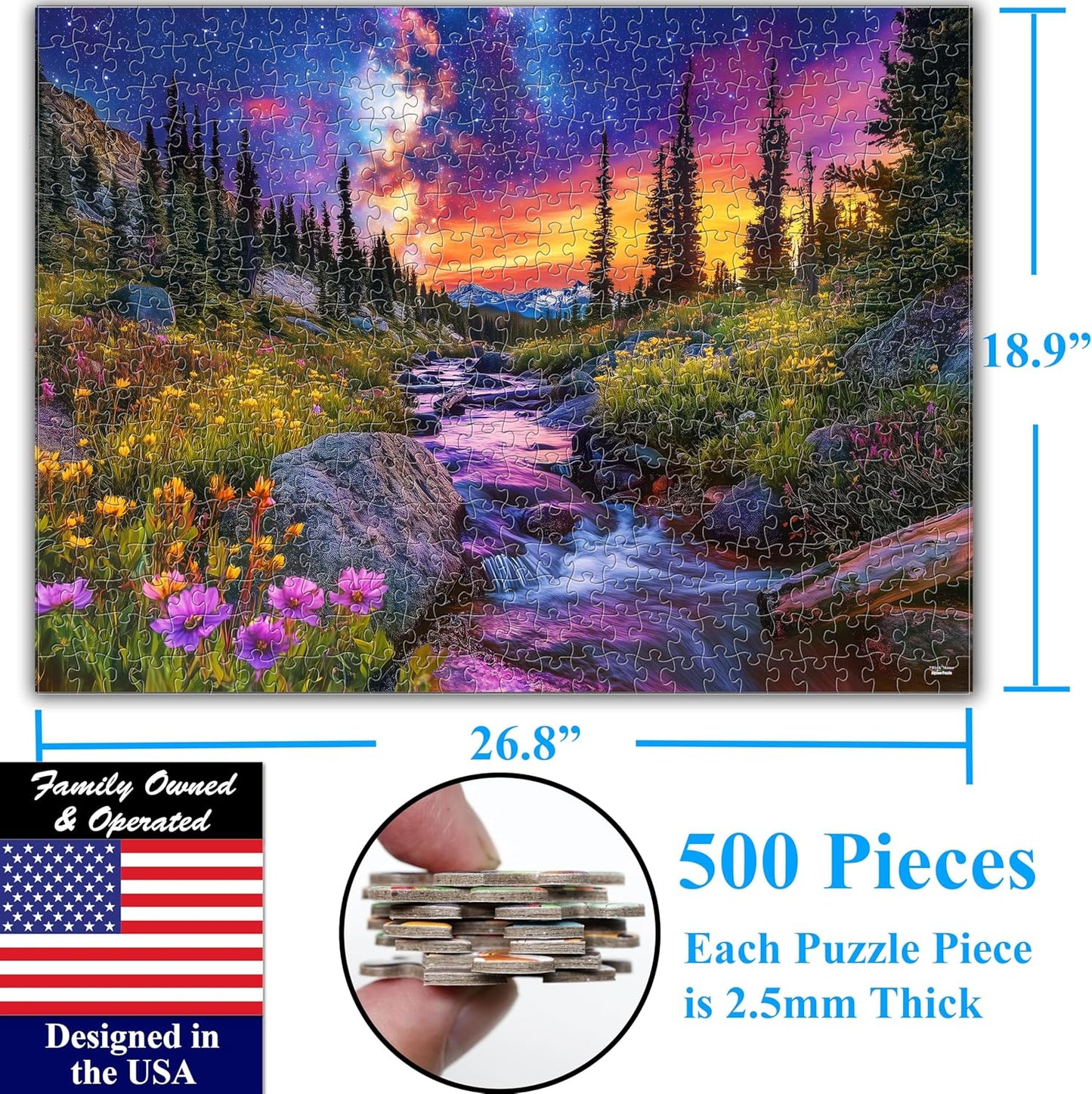 Think2Master Starry Mountain River 500 Pieces Large Format Jigsaw Puzzle: Kids 12+, Teens, Adults & Families.Vibrant Starry Night & Milkyway Landscape with Flowers. Great Gift. Size: 26.8” X 18.9”